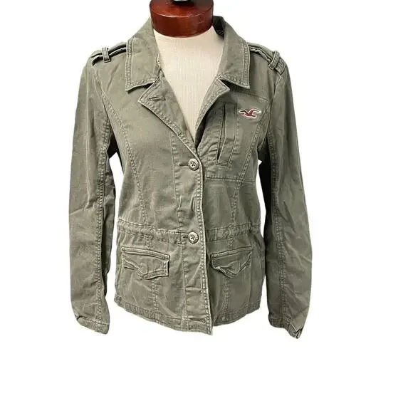Y2K Hollister Olive Green Field Jacket Womens Medium Logo Utility Vintage - Picture 1 of 6